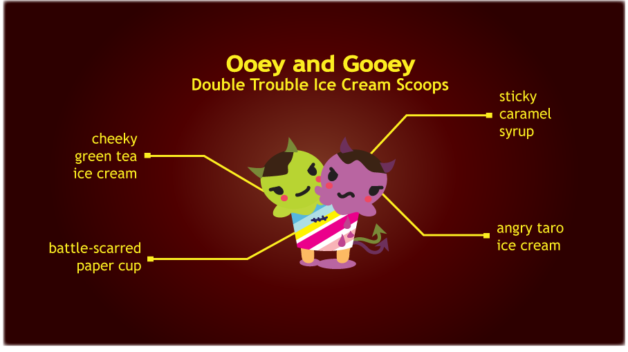 Sugar Devils Ooey and Gooey, the double trouble ice cream scoops: cheeky green tea ice cream; battle scarred paper cup; sticky caramel syrup; and angry taro ice cream.